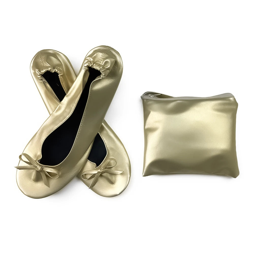 Faltbare, tragbare Ballerinas für Damen, weiche Sohle, zum Aufrollen, bequeme, flache Schuhe zum Hineinschlüpfen für Reisen und Hochzeiten mit Tasche