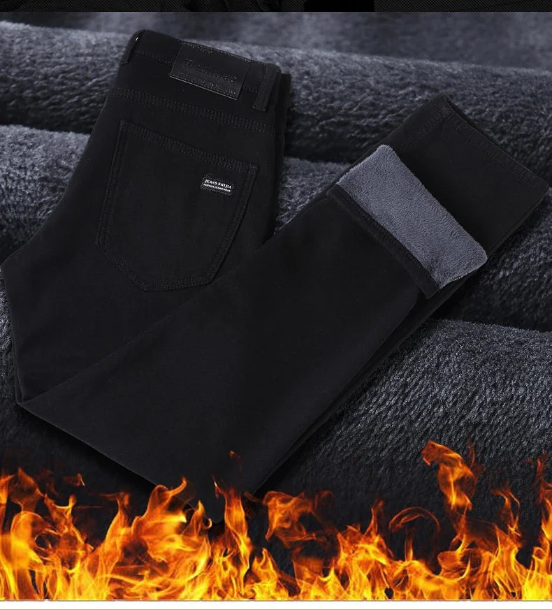 WTHINLEE Winter Herren Schwarz Gerade Stretch Denim Dicke Samthose Warme Jeans Lässige Fleece-Linie Hose Männlich Übergröße