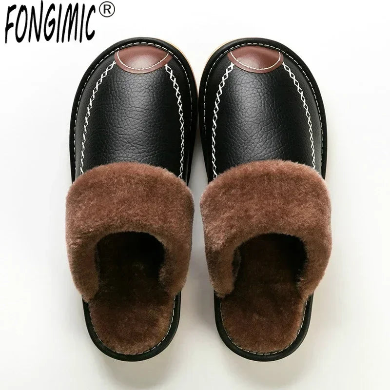 Männer Winter Leder Hausschuhe Schlafzimmer Baumwolle Hausschuhe Männlichen Wasserdicht Dicken Plus Samt Indoor Warme Haus Hause Hausschuhe Schuhe