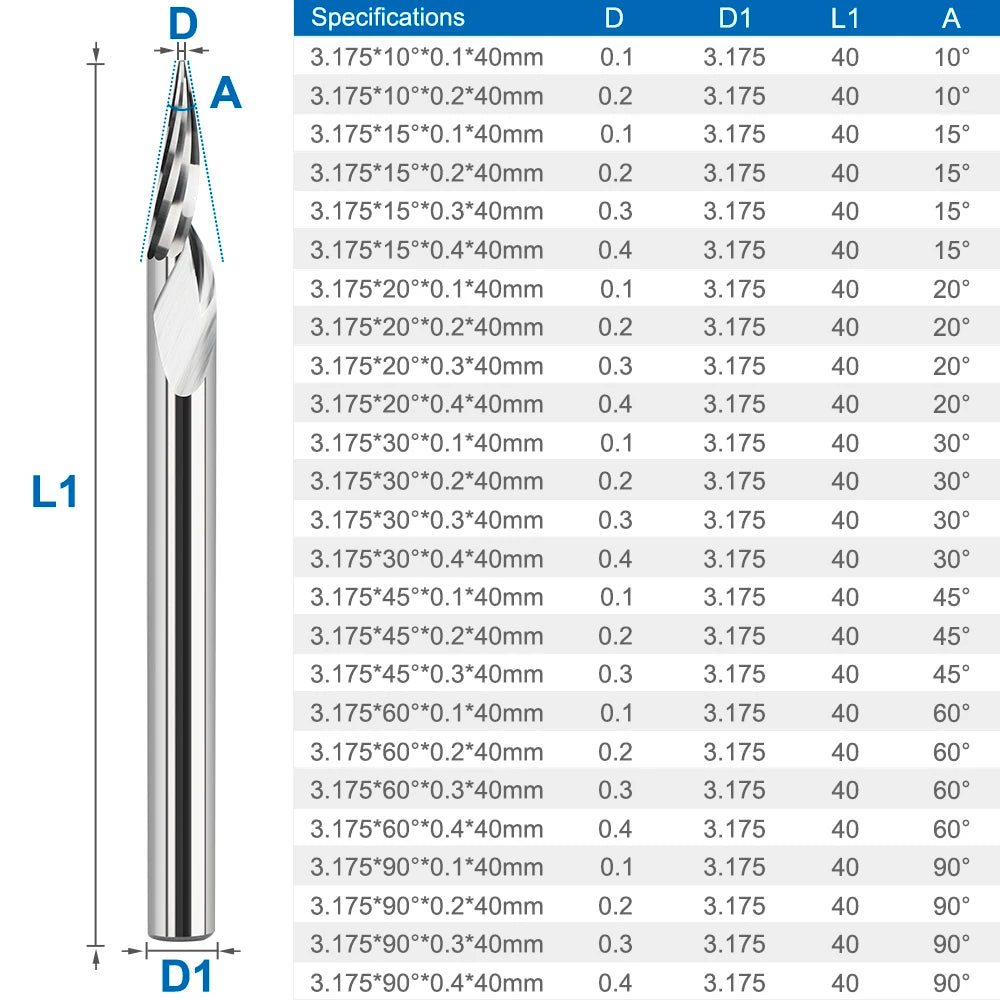 XCAN PCB Engraving Bit 3.175mm Shank V Shape Carving Bits 10-30 Degrees Carbide CNC Router Bit Tipped 0.1mm Wood Milling Cutter