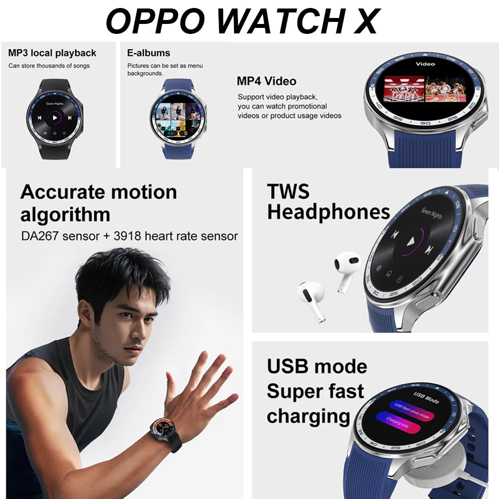 2024 Neu für OPPO Watch X Smart Watch 4G Speicher Musikvideo Bluetooth-Anruf Wasserdichte Smartwatches für Android IOS TWS-Kopfhörer