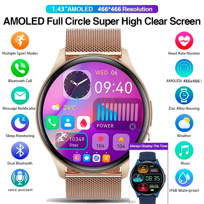 2025 Neu für Xiaomi Huawei 1,43 Zoll Bluetooth Call Smartwatch Damen Herren AMOLED 466*466 HD Pixel Display Smartwatches Damen