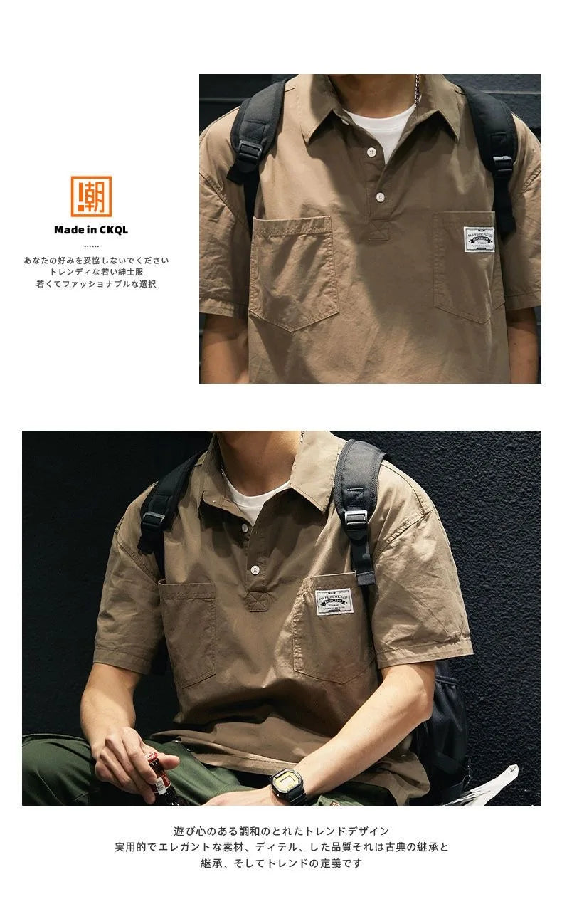 Korea American Casual Men's T-shirt Summer Tooling Style Short Sleeve New Pocket Shirt Collar Men's Clothing Loose Plus Size Top
