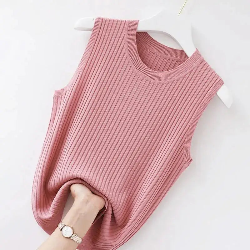 WTEMPO Women Comfortable Solid Color Camisole Laides Summer Bottoming White Short Knitted Sleeveless Top