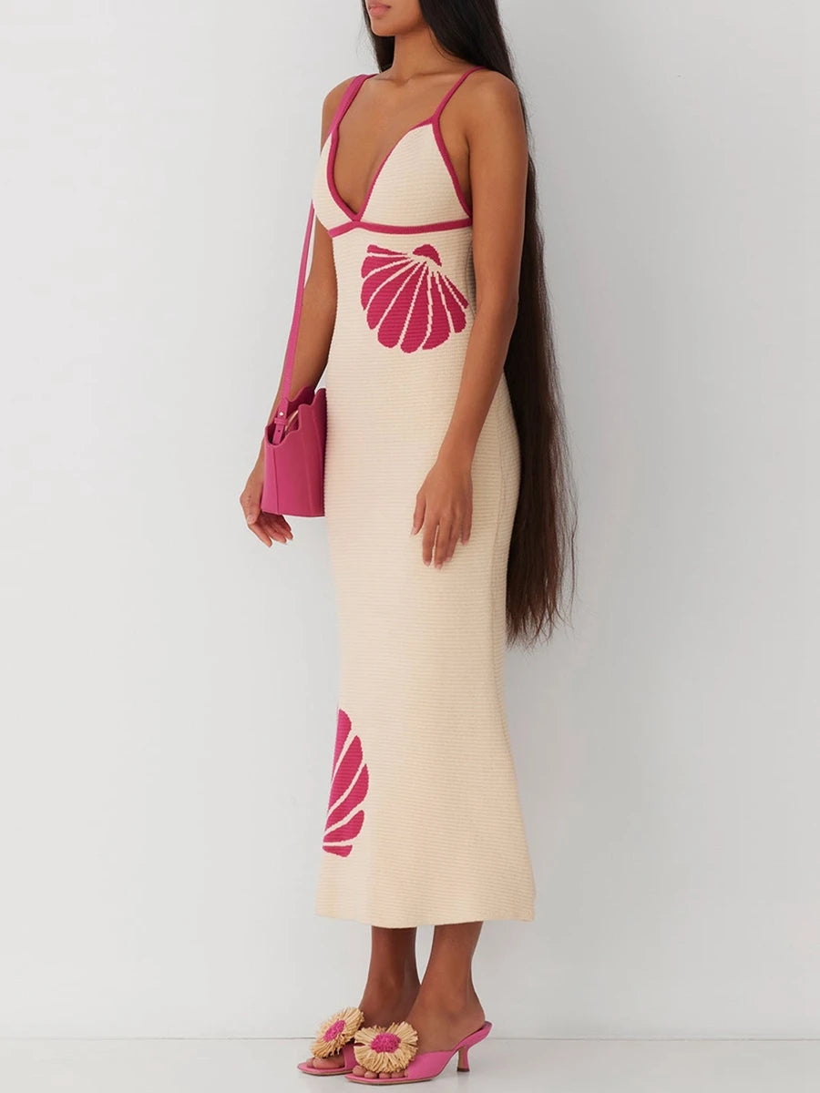 Women's Long Knit Cami Dress Summer Sleeveless Open Back V Neck Shell Print Dresses 90s Clothes Vintage Elegant Slim Long Dress
