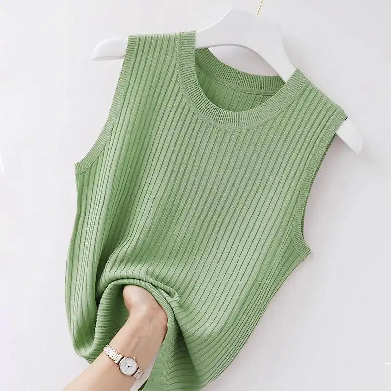 WTEMPO Women Comfortable Solid Color Camisole Laides Summer Bottoming White Short Knitted Sleeveless Top