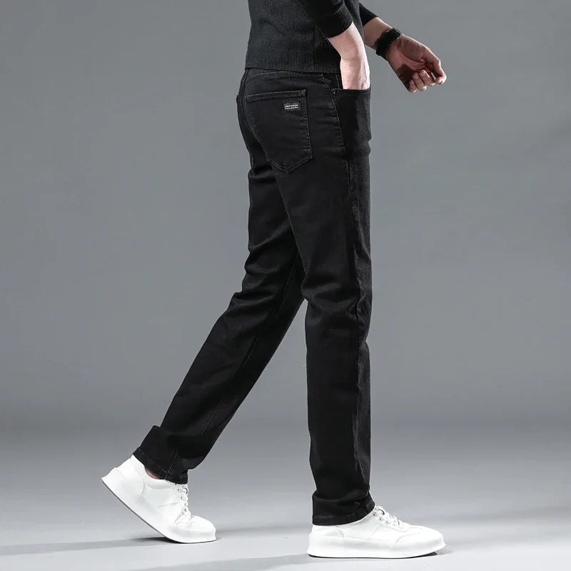 WTHINLEE Winter Herren Schwarz Gerade Stretch Denim Dicke Samthose Warme Jeans Lässige Fleece-Linie Hose Männlich Übergröße