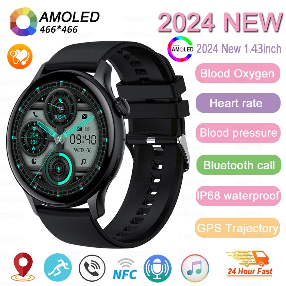 2024 neue GPS Smart Watch Damen True AMOLED 466*466 HD Bildschirm Gesundheitstracker Sport NFC Voice Bluetooth Anruf Smartwatches Damen