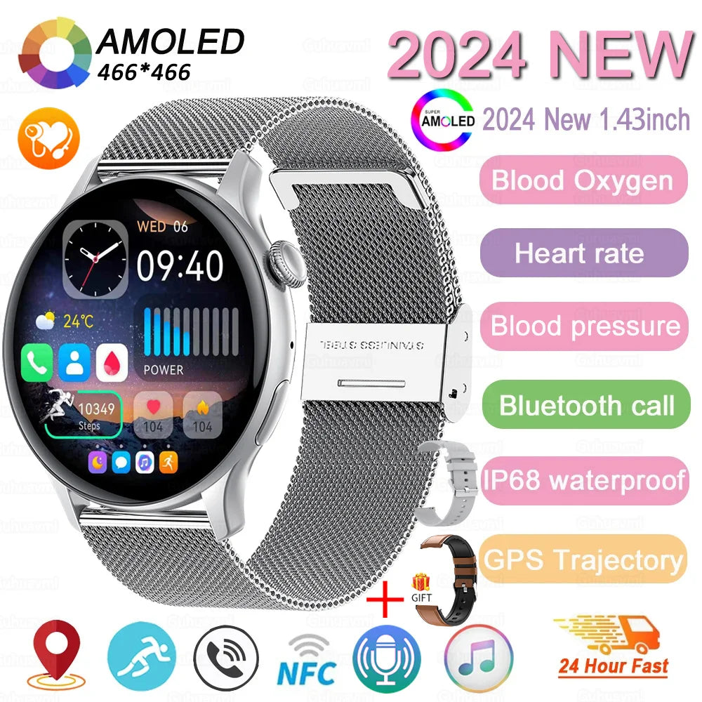 2024 neue GPS Smart Watch Damen True AMOLED 466*466 HD Bildschirm Gesundheitstracker Sport NFC Voice Bluetooth Anruf Smartwatches Damen