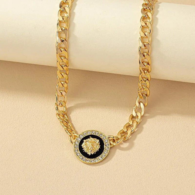 2 Stück Löwenkopf Emaille Choker Set für Frauen Gold Farbe Kubanische Kette Kristall Stein Surround Runde Quadrat Charm Halskette