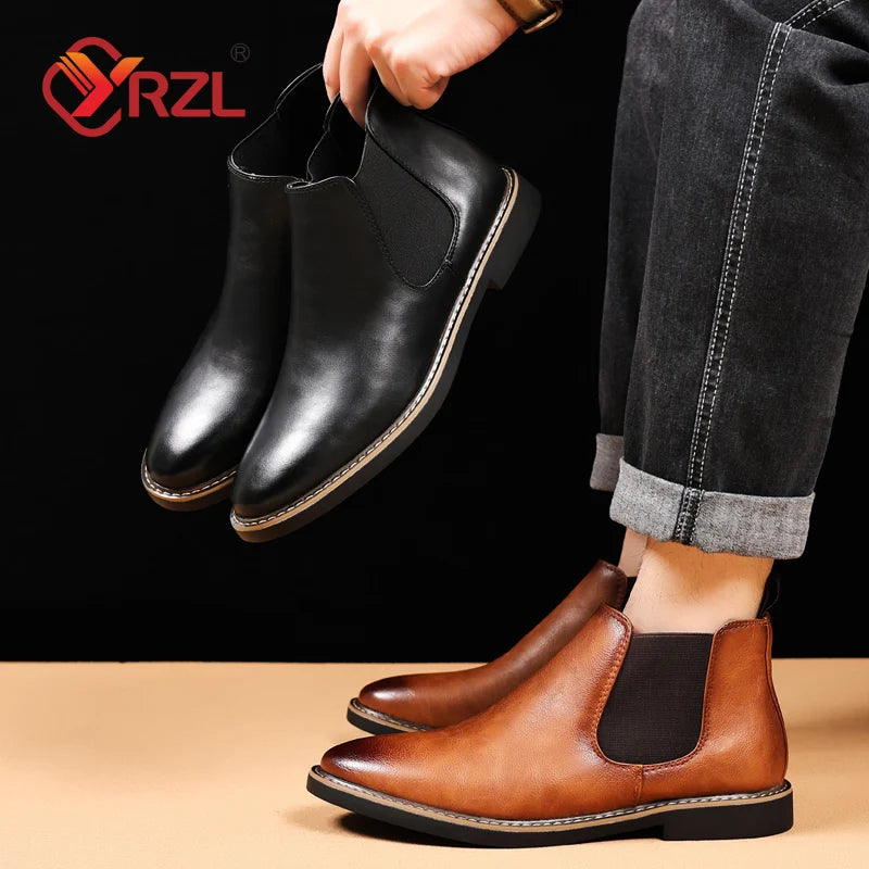 YRZL 39~47 Herren Chelsea Boots Marke Retro Bequeme PU Leder Stiefeletten Herren 2025 Mode Schwarz Braun Herrenstiefel