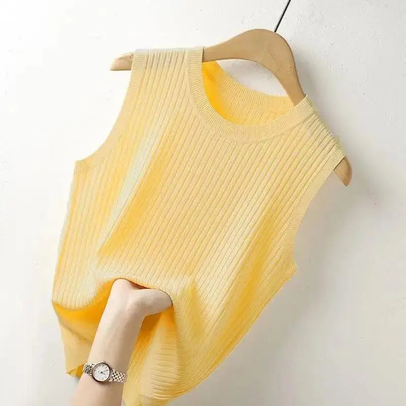 WTEMPO Women Comfortable Solid Color Camisole Laides Summer Bottoming White Short Knitted Sleeveless Top