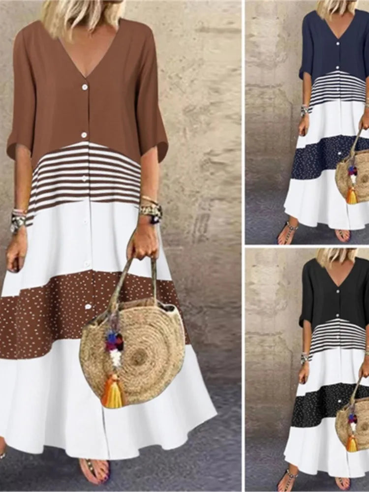 Damen Frühling Sommer Neue Stil Sexy V-Ausschnitt Mode Gedruckt Langes Ein-Schulter-Kleid Beiläufige Lose Fünf Ärmel Langes Kleid