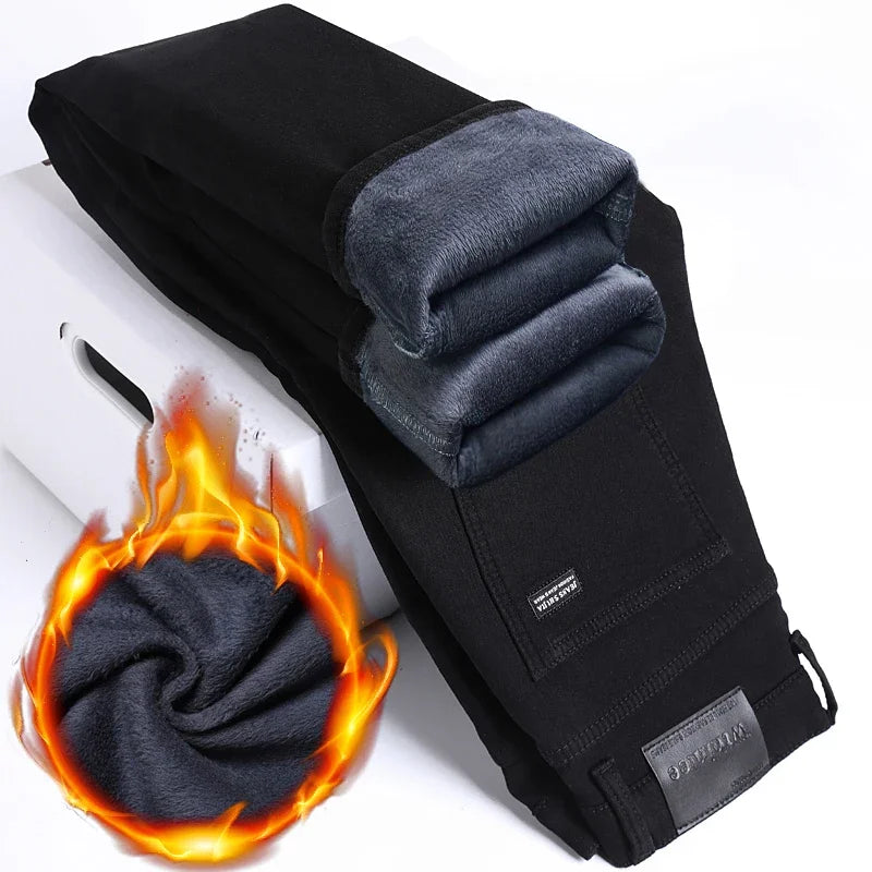 WTHINLEE Winter Herren Schwarz Gerade Stretch Denim Dicke Samthose Warme Jeans Lässige Fleece-Linie Hose Männlich Übergröße