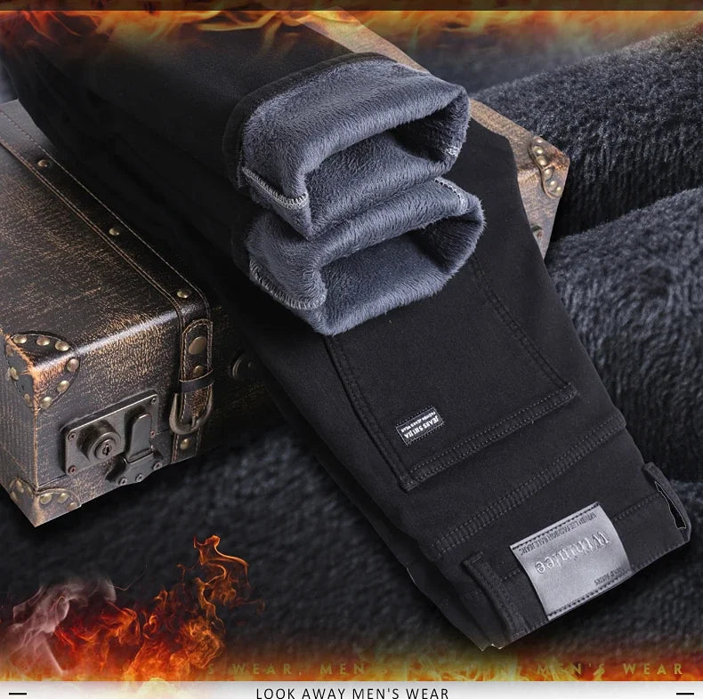 WTHINLEE Winter Herren Schwarz Gerade Stretch Denim Dicke Samthose Warme Jeans Lässige Fleece-Linie Hose Männlich Übergröße