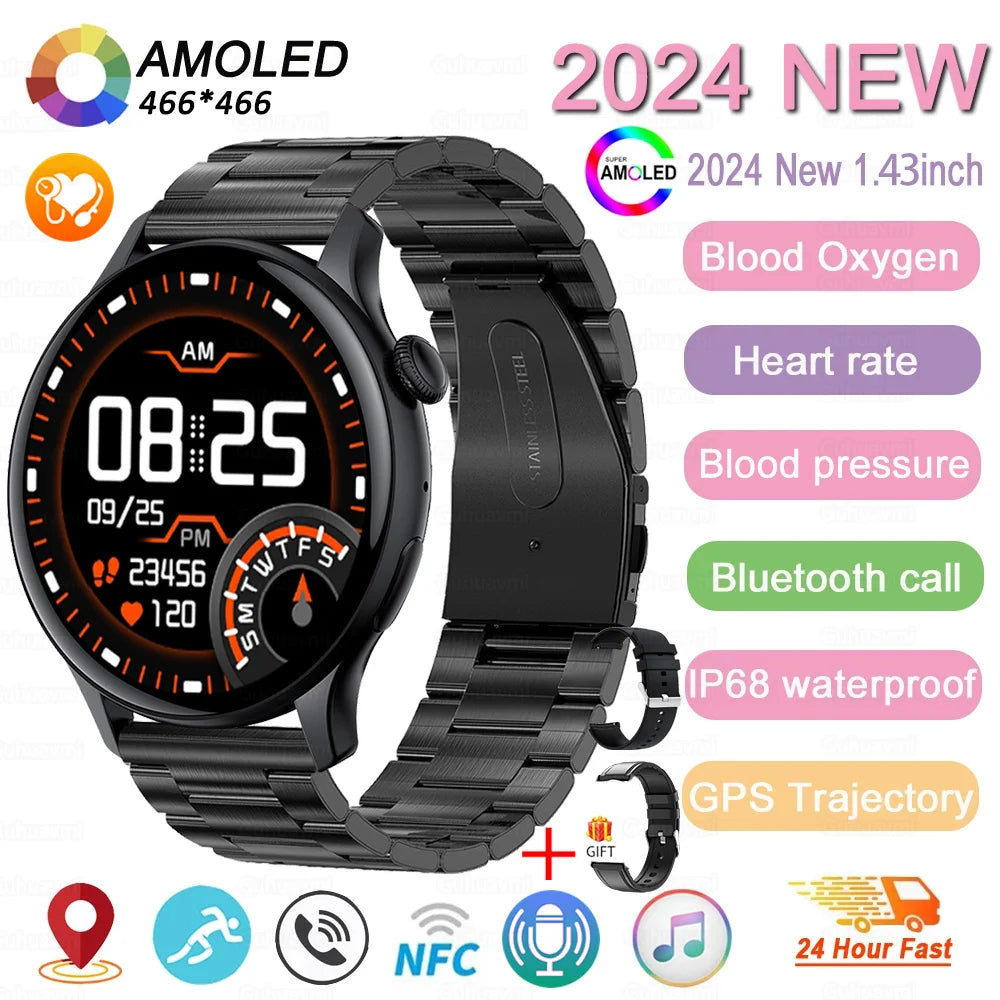 2024 neue GPS Smart Watch Damen True AMOLED 466*466 HD Bildschirm Gesundheitstracker Sport NFC Voice Bluetooth Anruf Smartwatches Damen