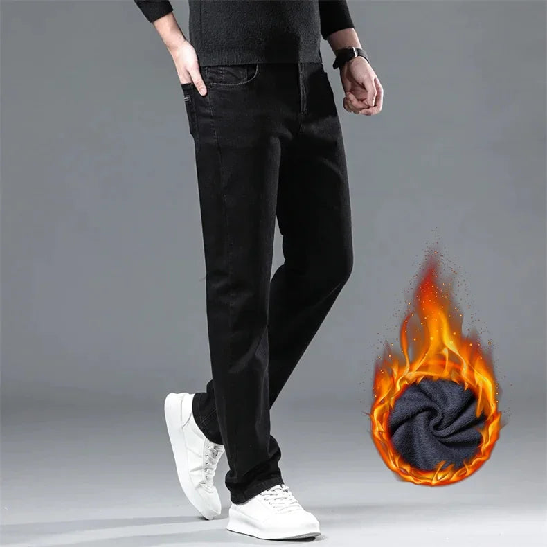 WTHINLEE Winter Herren Schwarz Gerade Stretch Denim Dicke Samthose Warme Jeans Lässige Fleece-Linie Hose Männlich Übergröße
