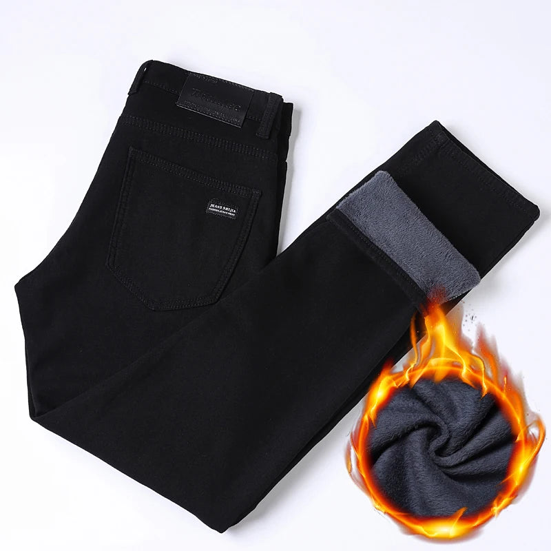 WTHINLEE Winter Herren Schwarz Gerade Stretch Denim Dicke Samthose Warme Jeans Lässige Fleece-Linie Hose Männlich Übergröße