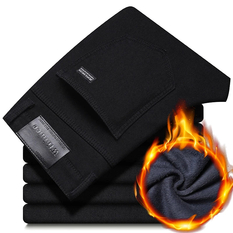 WTHINLEE Winter Herren Schwarz Gerade Stretch Denim Dicke Samthose Warme Jeans Lässige Fleece-Linie Hose Männlich Übergröße