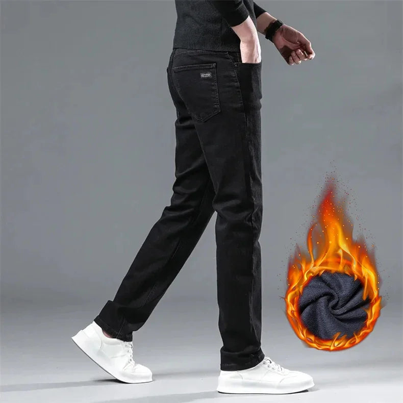 WTHINLEE Winter Herren Schwarz Gerade Stretch Denim Dicke Samthose Warme Jeans Lässige Fleece-Linie Hose Männlich Übergröße