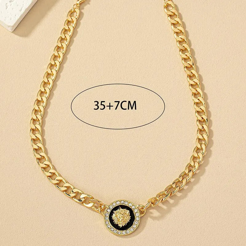 2 Stück Löwenkopf Emaille Choker Set für Frauen Gold Farbe Kubanische Kette Kristall Stein Surround Runde Quadrat Charm Halskette
