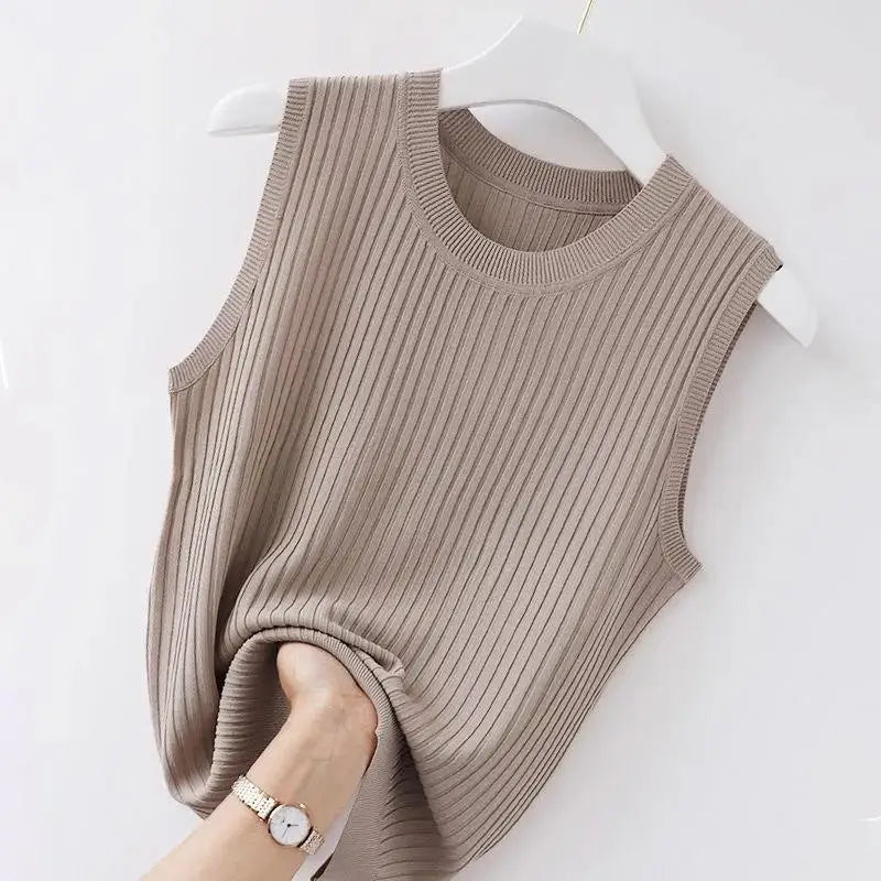 WTEMPO Women Comfortable Solid Color Camisole Laides Summer Bottoming White Short Knitted Sleeveless Top
