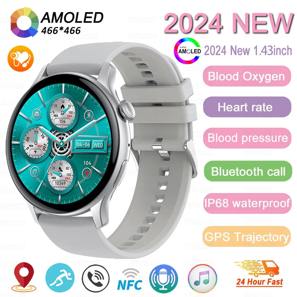 2024 neue GPS Smart Watch Damen True AMOLED 466*466 HD Bildschirm Gesundheitstracker Sport NFC Voice Bluetooth Anruf Smartwatches Damen