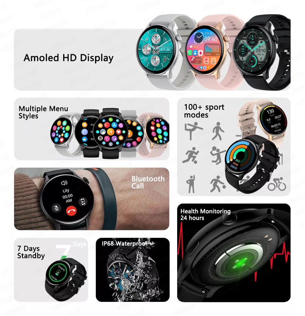 2024 neue GPS Smart Watch Damen True AMOLED 466*466 HD Bildschirm Gesundheitstracker Sport NFC Voice Bluetooth Anruf Smartwatches Damen
