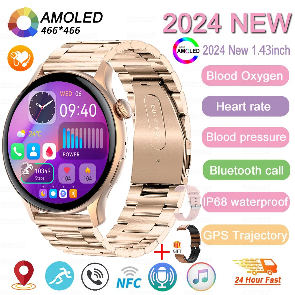 2024 neue GPS Smart Watch Damen True AMOLED 466*466 HD Bildschirm Gesundheitstracker Sport NFC Voice Bluetooth Anruf Smartwatches Damen