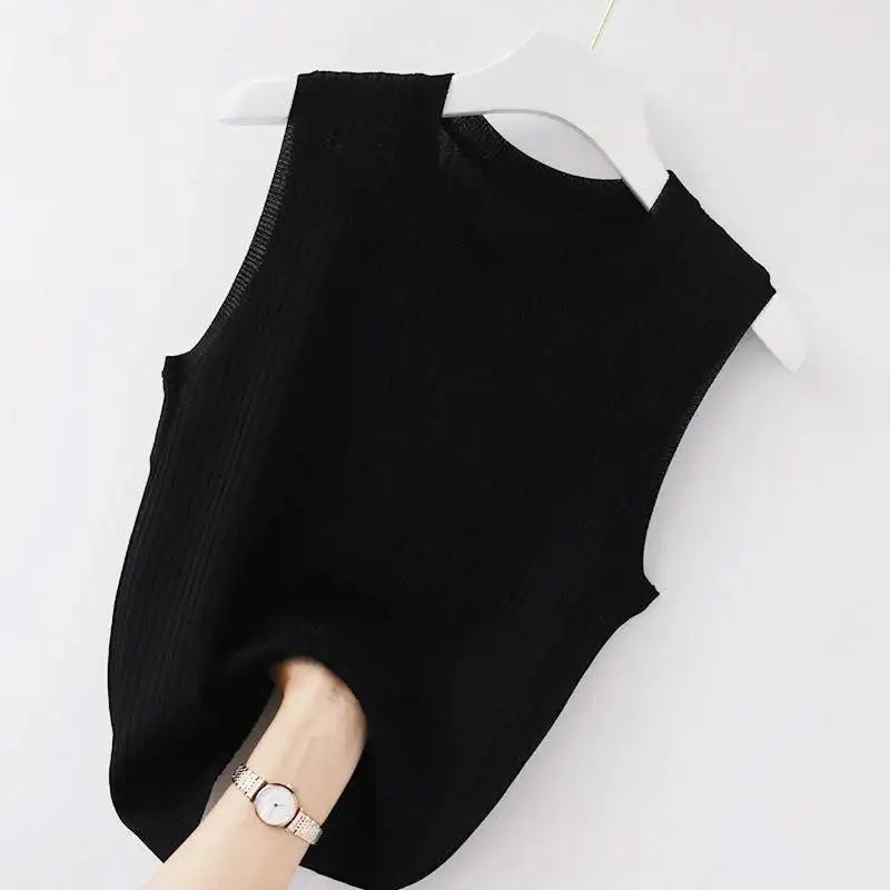 WTEMPO Women Comfortable Solid Color Camisole Laides Summer Bottoming White Short Knitted Sleeveless Top