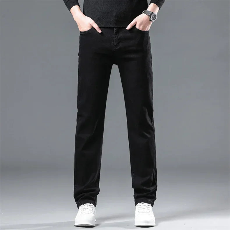 WTHINLEE Winter Herren Schwarz Gerade Stretch Denim Dicke Samthose Warme Jeans Lässige Fleece-Linie Hose Männlich Übergröße