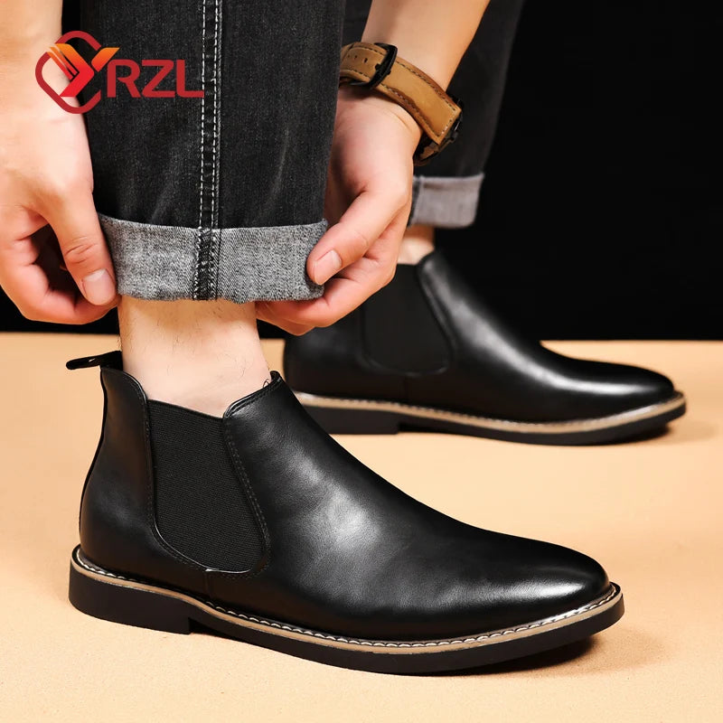 YRZL 39~47 Herren Chelsea Boots Marke Retro Bequeme PU Leder Stiefeletten Herren 2025 Mode Schwarz Braun Herrenstiefel