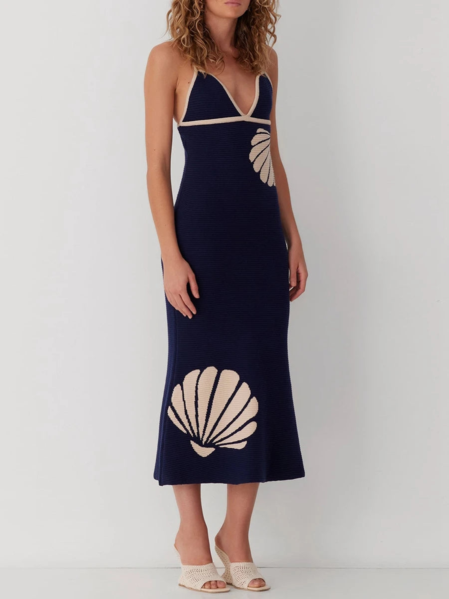 Women's Long Knit Cami Dress Summer Sleeveless Open Back V Neck Shell Print Dresses 90s Clothes Vintage Elegant Slim Long Dress
