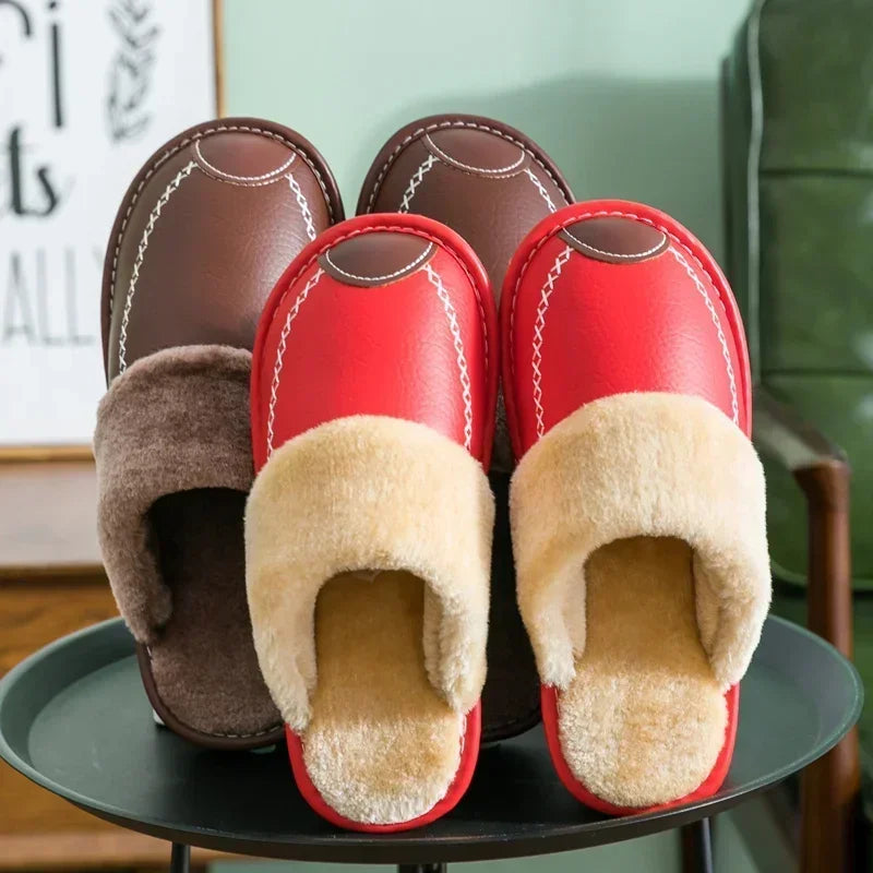 Männer Winter Leder Hausschuhe Schlafzimmer Baumwolle Hausschuhe Männlichen Wasserdicht Dicken Plus Samt Indoor Warme Haus Hause Hausschuhe Schuhe