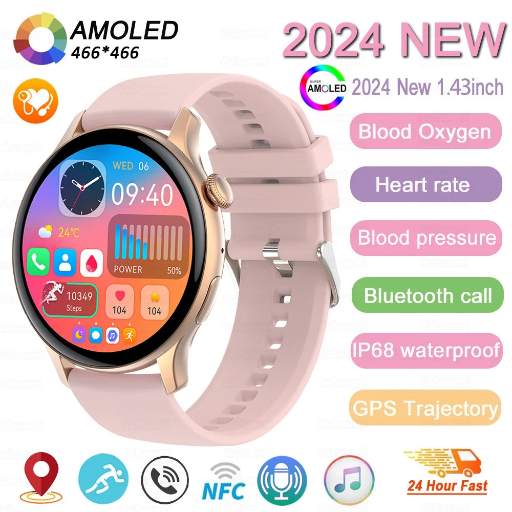 2024 neue GPS Smart Watch Damen True AMOLED 466*466 HD Bildschirm Gesundheitstracker Sport NFC Voice Bluetooth Anruf Smartwatches Damen