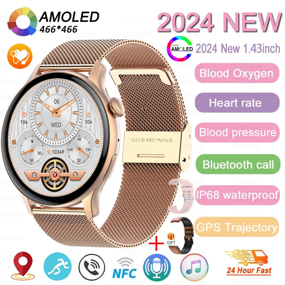 2024 neue GPS Smart Watch Damen True AMOLED 466*466 HD Bildschirm Gesundheitstracker Sport NFC Voice Bluetooth Anruf Smartwatches Damen