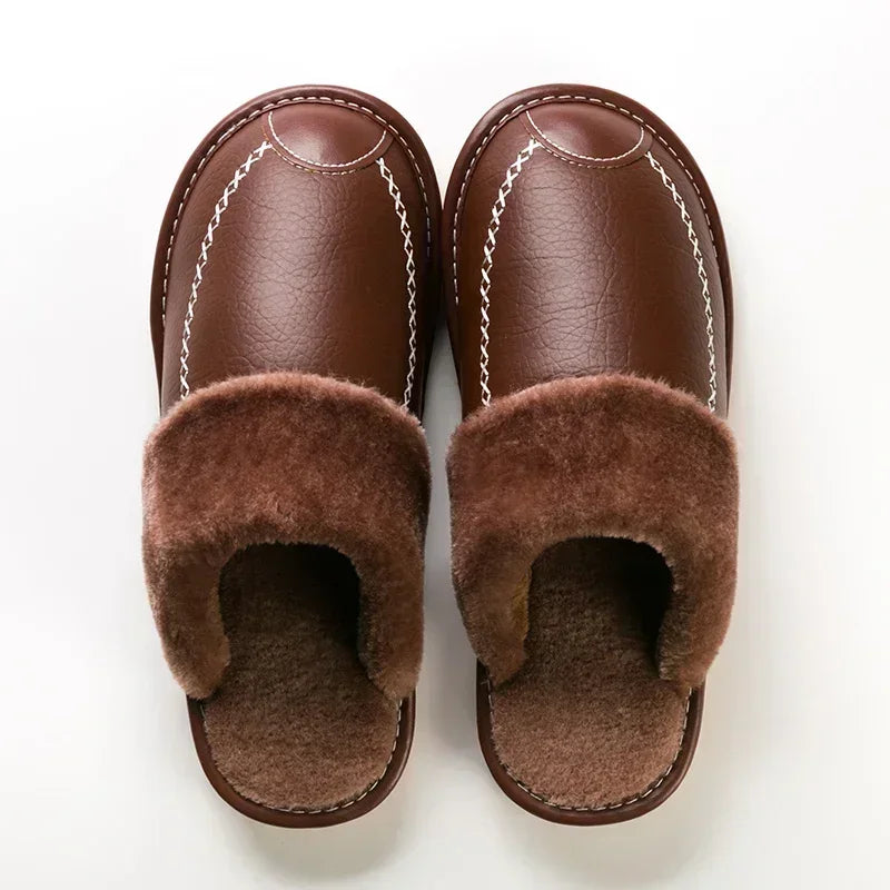 Männer Winter Leder Hausschuhe Schlafzimmer Baumwolle Hausschuhe Männlichen Wasserdicht Dicken Plus Samt Indoor Warme Haus Hause Hausschuhe Schuhe