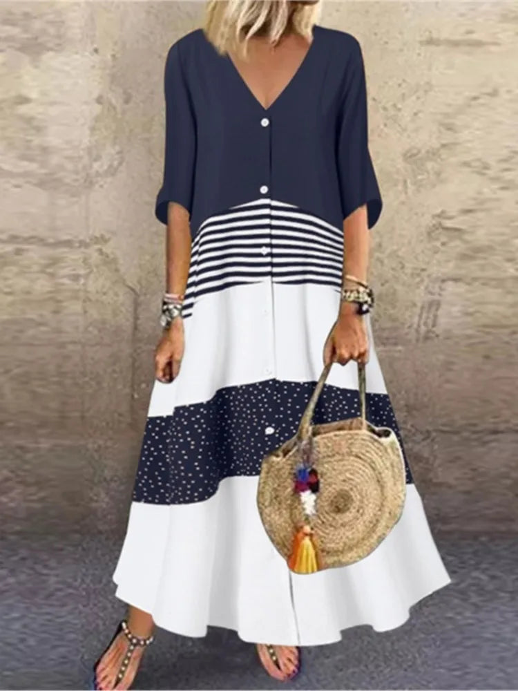 Damen Frühling Sommer Neue Stil Sexy V-Ausschnitt Mode Gedruckt Langes Ein-Schulter-Kleid Beiläufige Lose Fünf Ärmel Langes Kleid