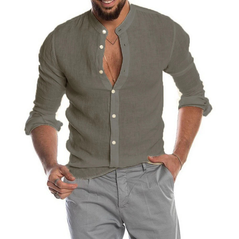 Cotton Linen Hot Sale Men's Long-Sleeved Shirts Summer Solid Color Stand-Up Collar Casual Beach Style Plus Size