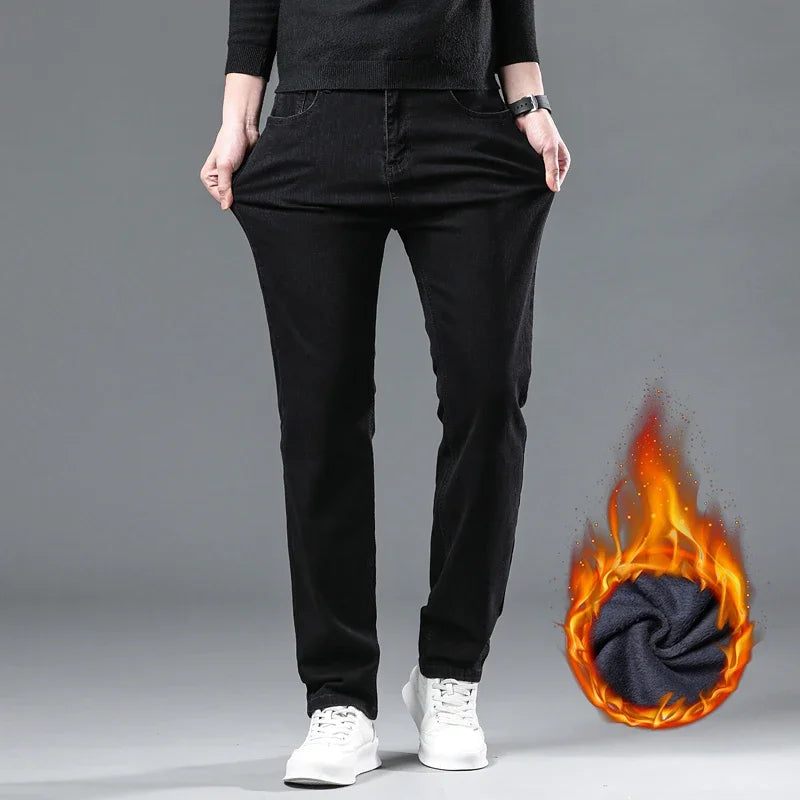 WTHINLEE Winter Herren Schwarz Gerade Stretch Denim Dicke Samthose Warme Jeans Lässige Fleece-Linie Hose Männlich Übergröße