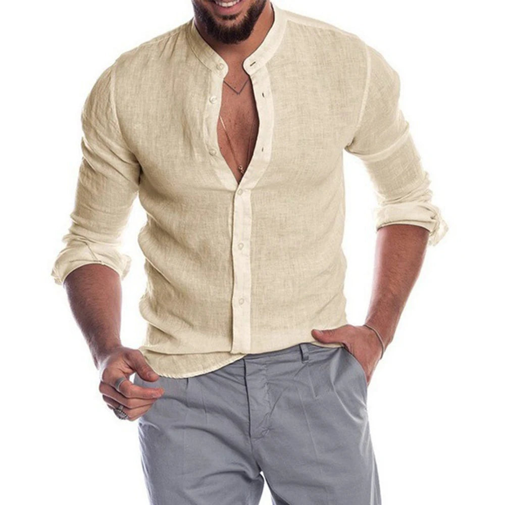 Cotton Linen Hot Sale Men's Long-Sleeved Shirts Summer Solid Color Stand-Up Collar Casual Beach Style Plus Size