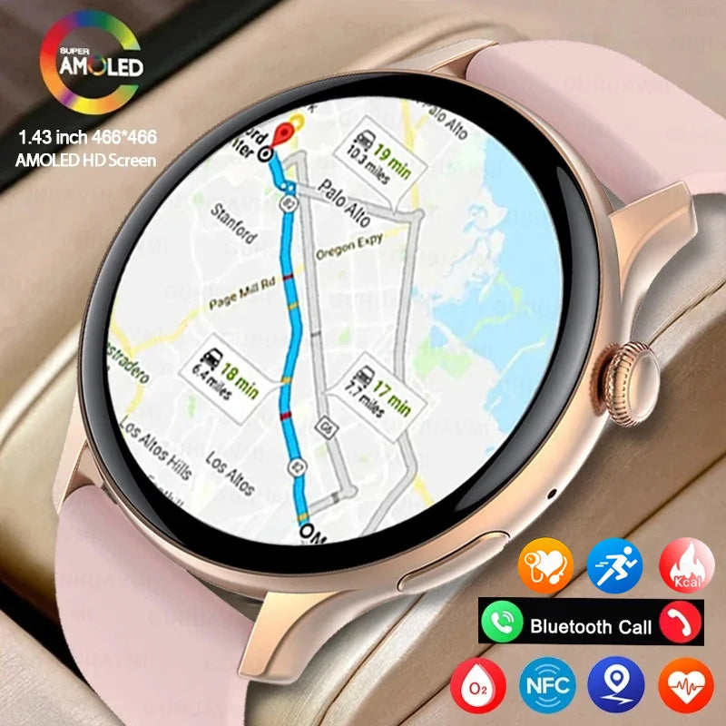 2024 neue GPS Smart Watch Damen True AMOLED 466*466 HD Bildschirm Gesundheitstracker Sport NFC Voice Bluetooth Anruf Smartwatches Damen