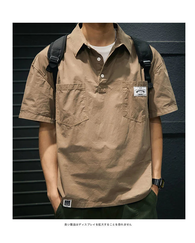 Korea American Casual Men's T-shirt Summer Tooling Style Short Sleeve New Pocket Shirt Collar Men's Clothing Loose Plus Size Top