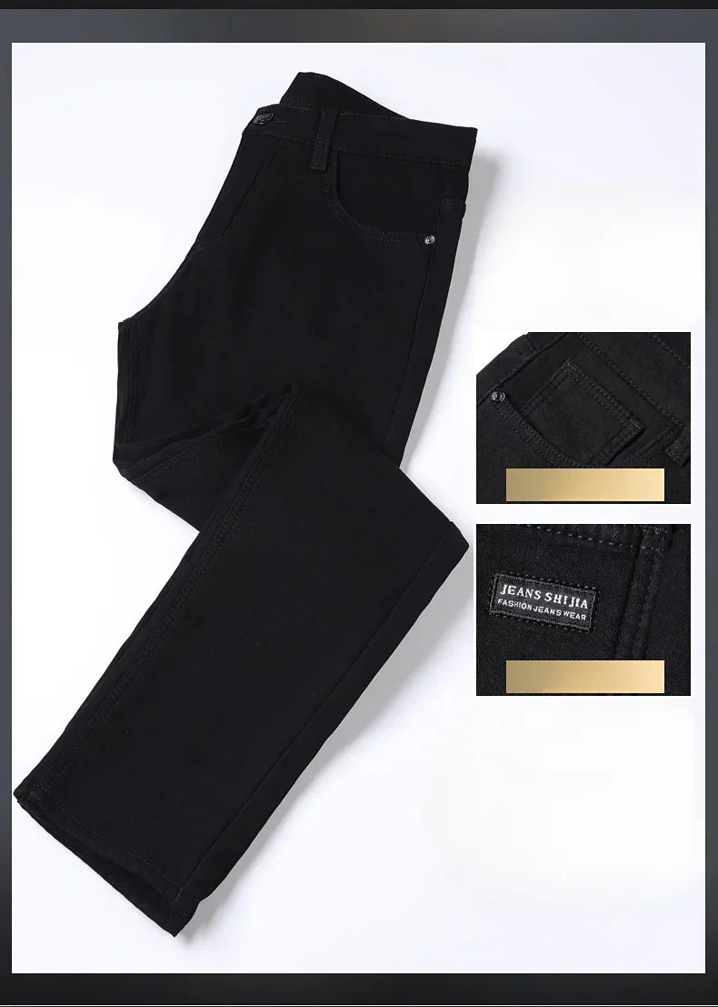 WTHINLEE Winter Herren Schwarz Gerade Stretch Denim Dicke Samthose Warme Jeans Lässige Fleece-Linie Hose Männlich Übergröße