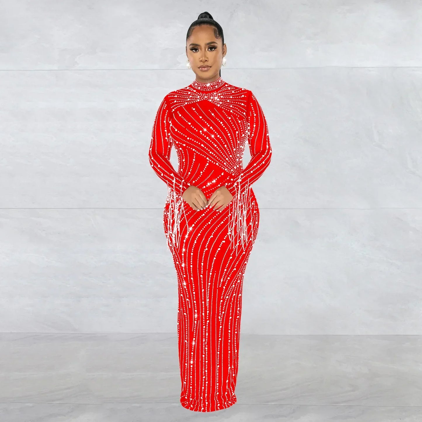 CM.YAYA Women Mesh Tassel Long Sleeve Diamonds Hot Rhinestones Bodycon Midi Maxi Long Dress and Tank Inner Dresses 2piece Suit
