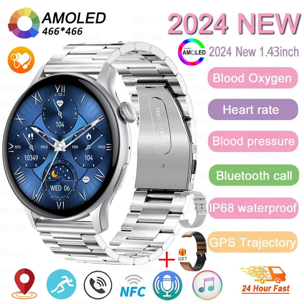 2024 neue GPS Smart Watch Damen True AMOLED 466*466 HD Bildschirm Gesundheitstracker Sport NFC Voice Bluetooth Anruf Smartwatches Damen