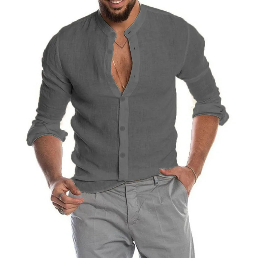 Cotton Linen Hot Sale Men's Long-Sleeved Shirts Summer Solid Color Stand-Up Collar Casual Beach Style Plus Size