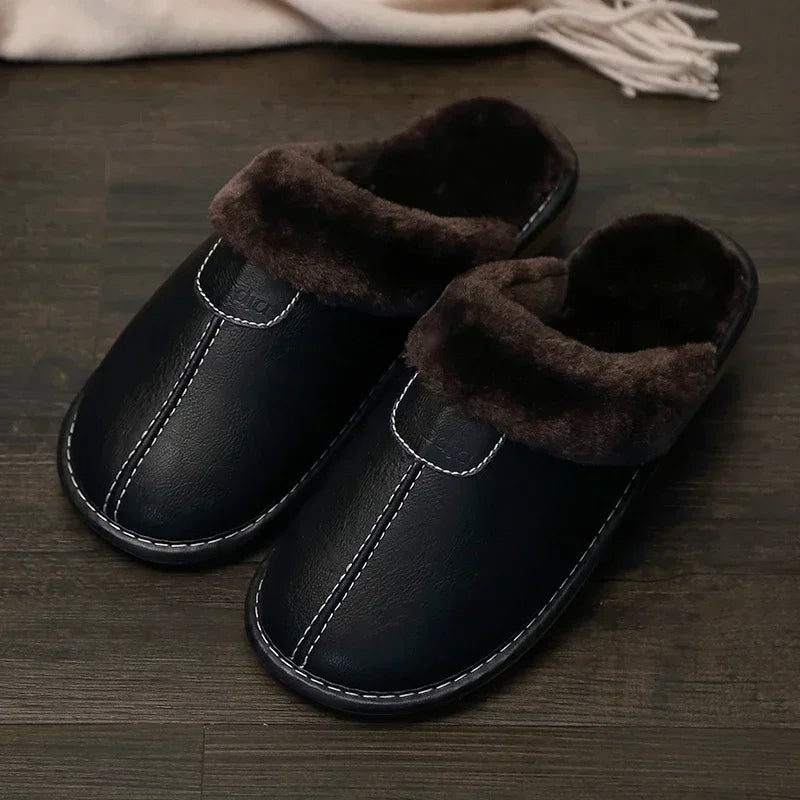 Männer Winter Leder Hausschuhe Schlafzimmer Baumwolle Hausschuhe Männlichen Wasserdicht Dicken Plus Samt Indoor Warme Haus Hause Hausschuhe Schuhe