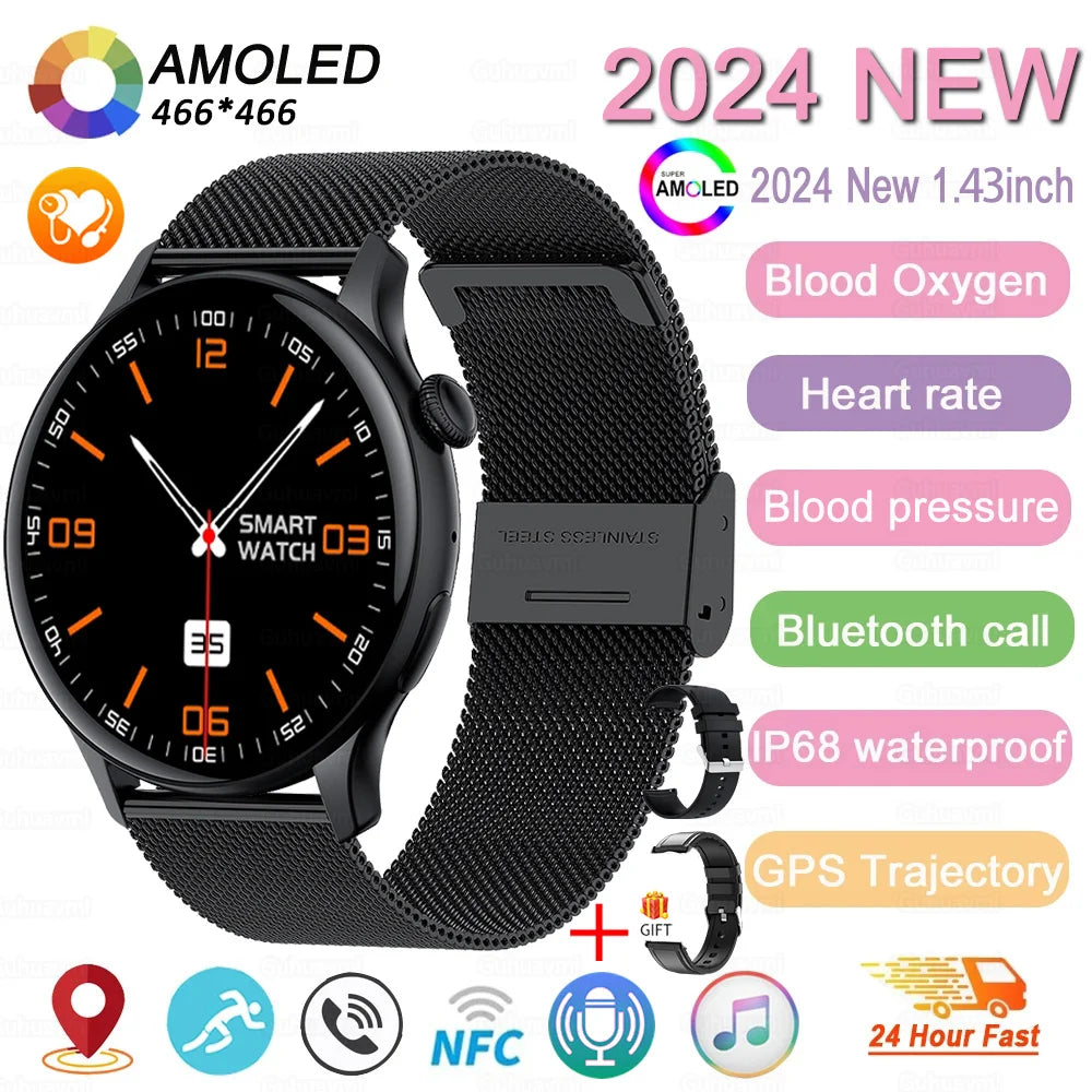 2024 neue GPS Smart Watch Damen True AMOLED 466*466 HD Bildschirm Gesundheitstracker Sport NFC Voice Bluetooth Anruf Smartwatches Damen