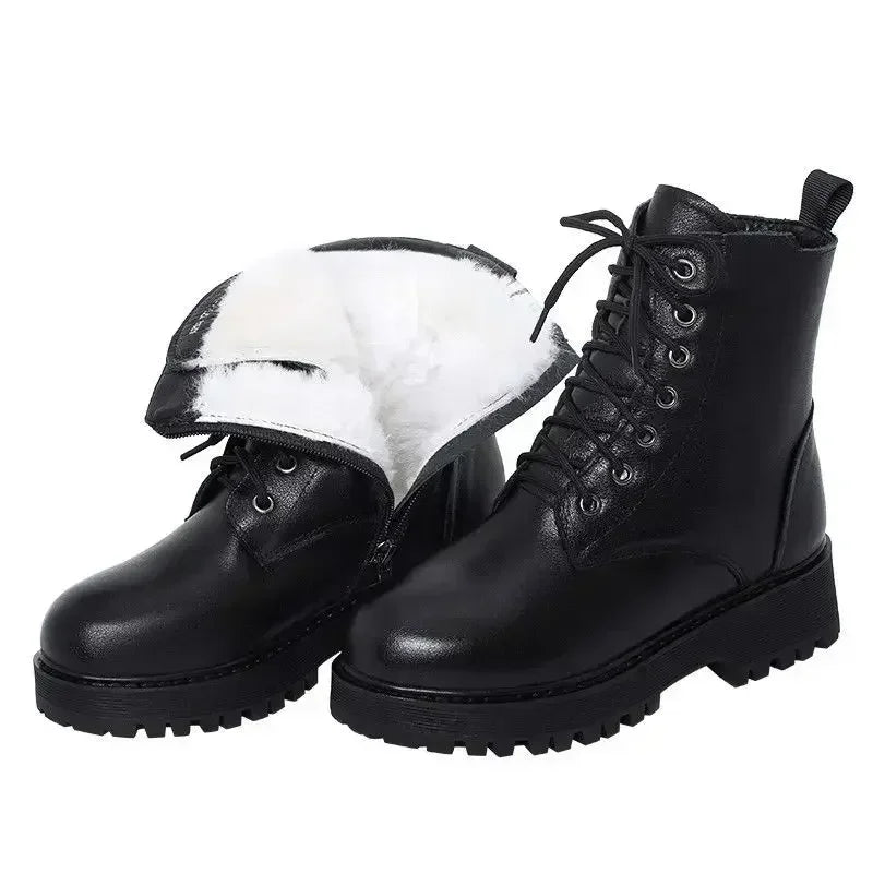 2024 Winter Leather Women Winter Boots Thick Wool Warm Women High-heeled Genuine Boot High-quality Female Snow Boots Women Shoes